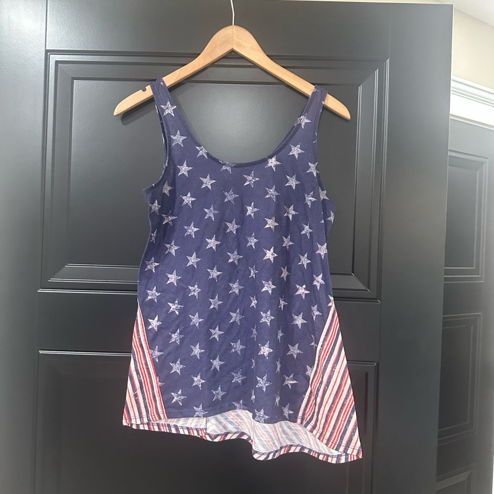 ONE WORLD Navy Star Print Tank with Red & White Striped Panels